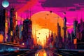 Retro futuristic city background. 80s sci-fi synthwave cityscape