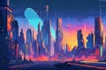 Retro futuristic city background. 80s sci-fi synthwave cityscape