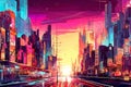 Retro futuristic city background. 80s sci-fi synthwave cityscape