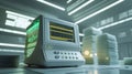 Retro-futuristic computer terminal processing scientific data with dual screens in modern lab Royalty Free Stock Photo