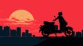 Retro-futuristic Cyberpunk Silhouette: Man Riding Scooter At Sunset