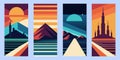 Retro futuristic elements vector minimalistic Posters set of 4 with silhouette basic figures, graphic elements of geometrical
