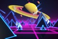 Retro futuristic flight over grid,3d illustration background 80s retro fantasy