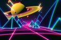 Retro futuristic flight over grid,3d illustration background 80s retro fantasy