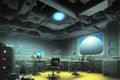 Retro-futuristic illustration of a future control room and workspace scene. Royalty Free Stock Photo