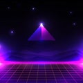 Retro futuristic landscape, glowing cyber world with grid and pyramid shape. sci-fi background 80s style.
