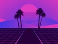 Retro futuristic landscape with palm trees. Neon sunset in the style of 80s. Synthwave retro background. Retrowave. Vector