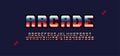 Retro futuristic latin arcade pixel font from video games, vector geometric 8 bit design letters and numbers, colorful pixelated