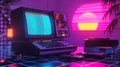 Retro futuristic neon computer setup with cassette player and grid background