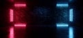Retro Futuristic Neon Cyber Laser Fluorescent Blue Red Purple Tube Lights Glowing On Old Club Night Dance Grunge Brick Wall Cement