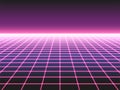 Retro futuristic neon grid background, 80s design perspective distorted plane landscape composed of crossed neon lights or laser Royalty Free Stock Photo