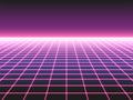 Retro futuristic neon grid background, 80s design perspective distorted plane landscape composed of crossed neon lights or laser