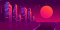 Retro futuristic night city with moon or sun , Cityscape on a dark background with bright and glowing neon purple and blue lights. Royalty Free Stock Photo