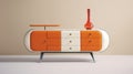 Retro Futuristic Orange And White Sideboard: A Stylized Display Of Retro Vintage Glamor