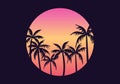 Retro futuristic palm trees in 80s style at sunset. Summer time, palm trees on the background of the sun, retro style. Design for