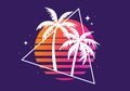 Retro futuristic palm trees in 80s style at sunset. Summer time, palm trees on the background of the sun, retro style. Design for