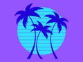 Retro futuristic palm trees in 80s style at sunset. Summer time, palm trees on the background of the sun, synthwave style. Design