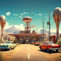 retro-futuristic road trip scene, with vintage cars equipped with futuristic technology