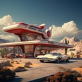 retro-futuristic road trip scene, with vintage cars equipped with futuristic technology