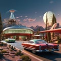 retro-futuristic road trip scene, with vintage cars equipped with futuristic technology