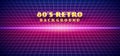 Retro futuristic 1980s style landscape background. 80s Sci-fi Cyber digital space surface grid with bright neon light effect Royalty Free Stock Photo