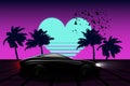 Retro futuristic side view of 80s supercar on trendy synthwave, vaporwave, sunset background. 80`s concept with heart sunset.