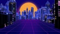 Retro futuristic skyscraper city 1980s style 3d illustration. Royalty Free Stock Photo