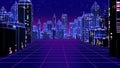 Retro futuristic skyscraper city 1980s style 3d illustration. Royalty Free Stock Photo