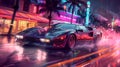 Retro futuristic sports car at night at a busy street
