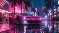 Retro futuristic sports car at night at a busy street