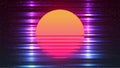 Retro futuristic sun. Dark background with stars. Cyberpunk neon glitch