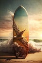 Retro-futuristic sunny day on the beach, realistic photography, surfboard, sand, waves, clouds