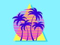 Retro futuristic sunset with palm trees and triangle in 80s style. Sci-fi palm trees at sunset in synthwave and retrowave style. Royalty Free Stock Photo