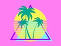 Retro futuristic sunset with palm trees and triangle in 80s style. Sci-fi palm trees at sunset in synthwave and retrowave style.