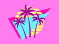 Retro futuristic sunset with palm trees and triangle in 80s style. Sci-fi palm trees at sunset in synthwave and retrowave style.