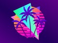 Retro futuristic sunset with palm trees and triangle in 80s style. Sci-fi palm trees at sunset in synthwave and retrowave style. Royalty Free Stock Photo
