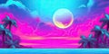 Retro futuristic synthwave retrowave landscape, sunset on background illustration. Generative AI