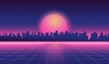 Retro futuristic synthwave retrowave 80s styled night cityscape with big sunset on background. Cover or banner template