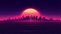 Retro futuristic synthwave retrowave styled night cityscape with sunset on background. Cover or banner template for Royalty Free Stock Photo