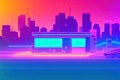 Retro futuristic synthwave retrowave styled night cityscape with sunset on background. Cover for retro wave music. Generative AI Royalty Free Stock Photo