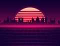 Retro futuristic synthwave retrowave styled night cityscape with sunset on background. Neon sunset style 80. Retro wave Royalty Free Stock Photo