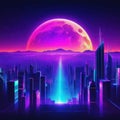 Retro futuristic synthwave style night city colorful background with super moon behind generated with Suitable for