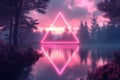 Retro futuristic triangular neon frame on lake synth wave style background