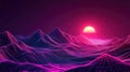 Retro futuristic wireframe mountains with neon sunset Royalty Free Stock Photo