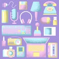 Retro gadget set in pastel colors. Gaming and podcast vector icons. Grainy computer illustration