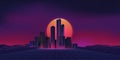 Retro game city, sci fi background. Futuristic 80s neon landscape, virtual grid, 90s future waves, 1980s synthwave style