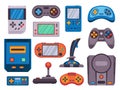 Retro game console. Cartoon videogame joystick icons, modern portable wireless videoconsole analog gamepad gadgets for
