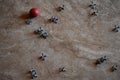 Retro game of jacks with red ball on marble floor Royalty Free Stock Photo