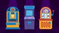 Retro game machine poster. Cartoon banner with vintage arcade video game, classic 80s-90s amusement device. Vector game Royalty Free Stock Photo