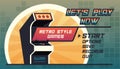 retro game menu. 8 bit retro style game machine, main menu background, cartoon vintage arcade game design. vector Royalty Free Stock Photo